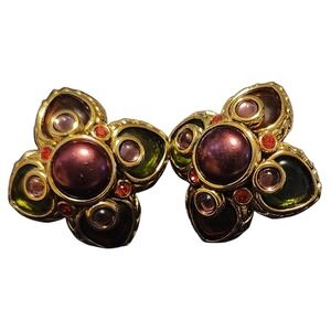 Joan Rivers Butterfly Floral Clip On Earrings Gold Tone Purple Green Rhinestones